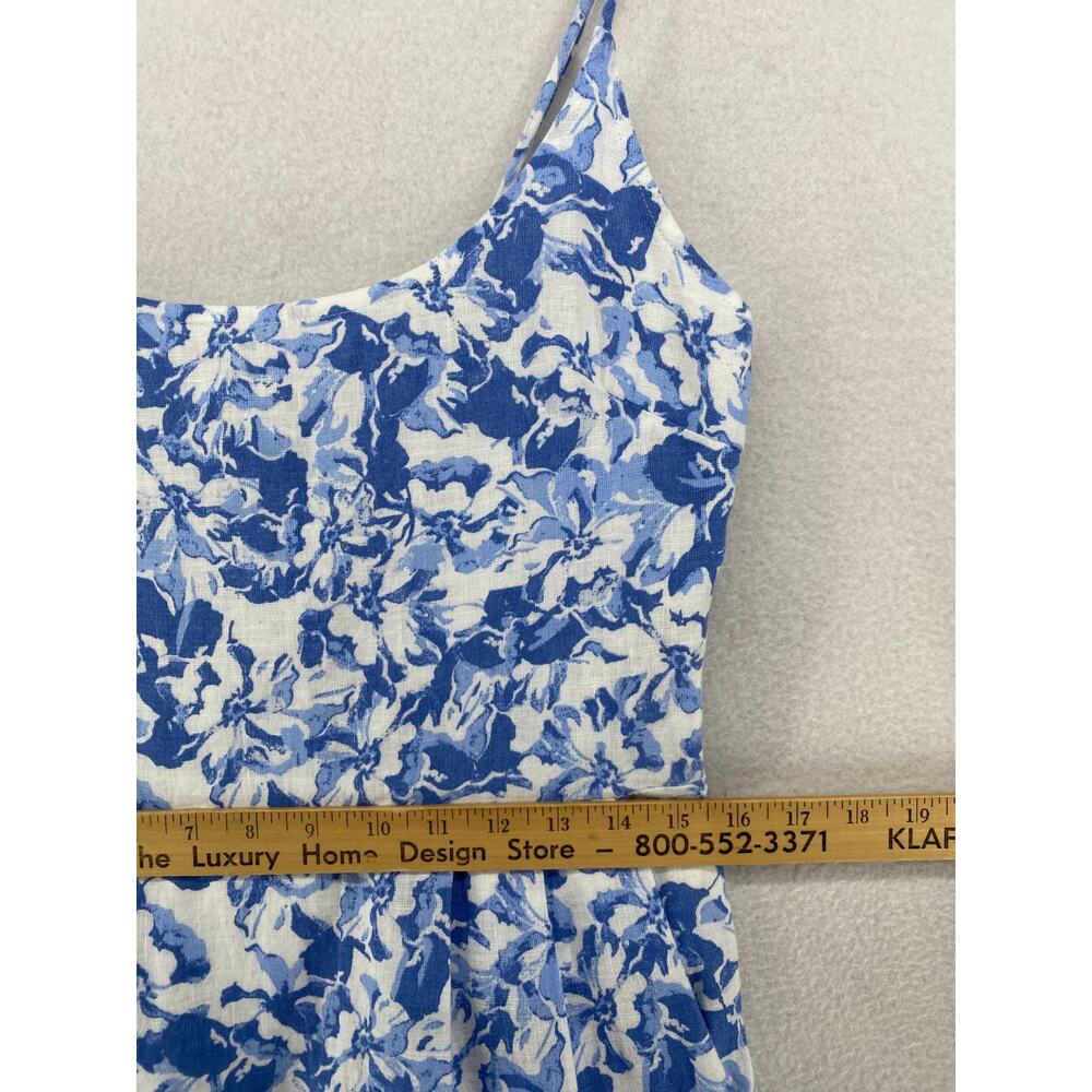 QUINCE Dress M Linen Scoop Neck Midi Sleeveless Floral Smocked Back Blue NEW - Picture 13 of 16
